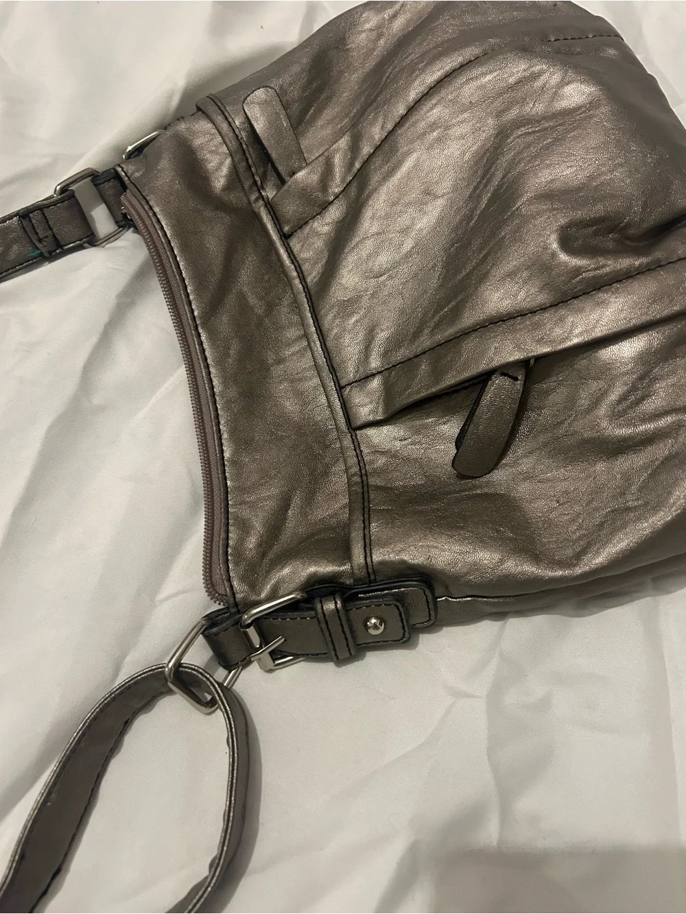 Metallic Taupe Shoulder Bag with Adjustable Strap